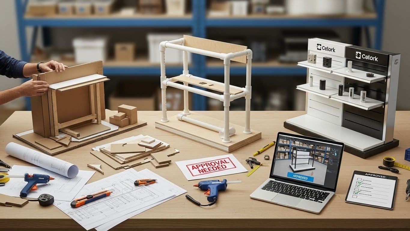 How does the production workflow differ when manufacturing bespoke, one-off brand installations versus high-volume, standardized store shelving?