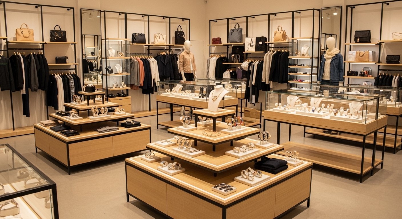 Retail store entrance featuring custom metal and wood signage