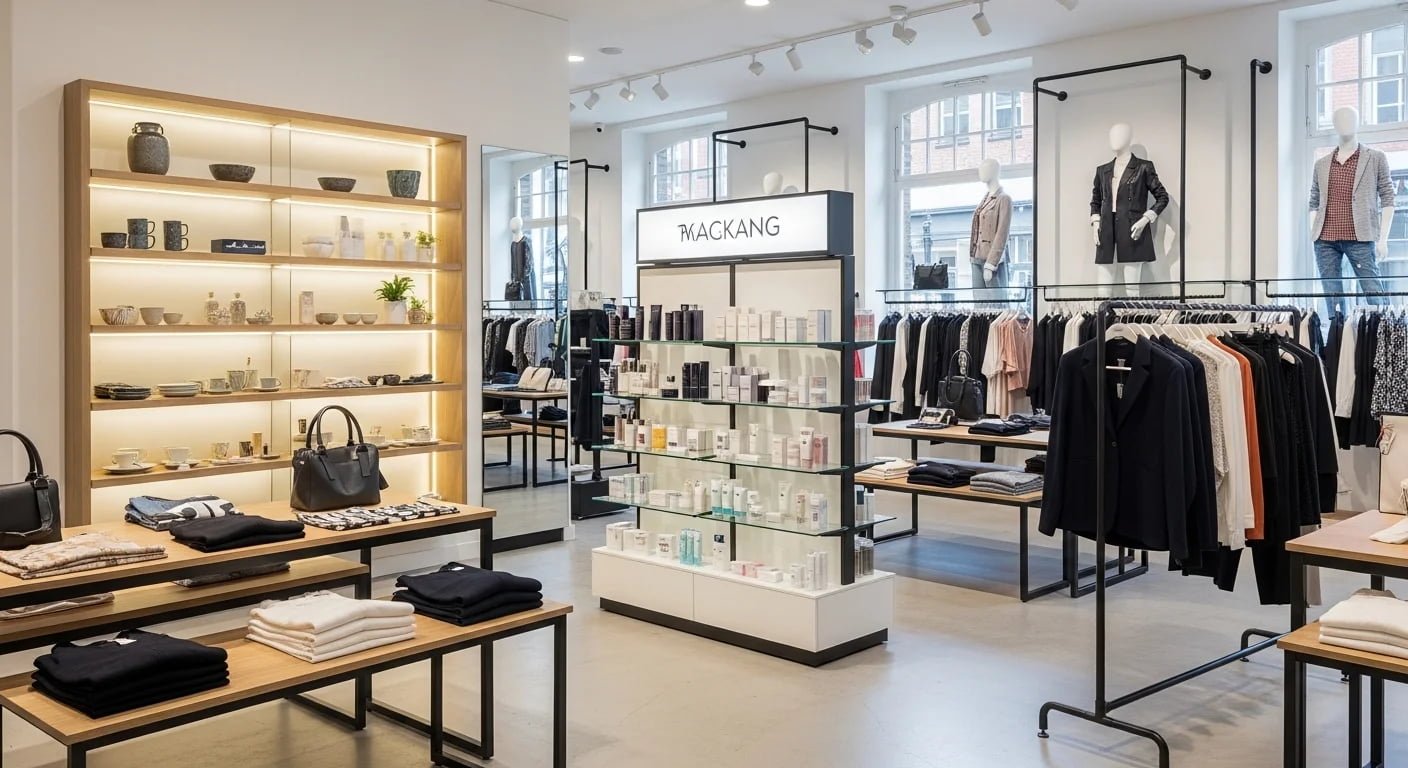 What are the pros and cons of different finishing techniques, such as powder coating, electroplating, and melamine lamination, in a high-traffic retail environment?